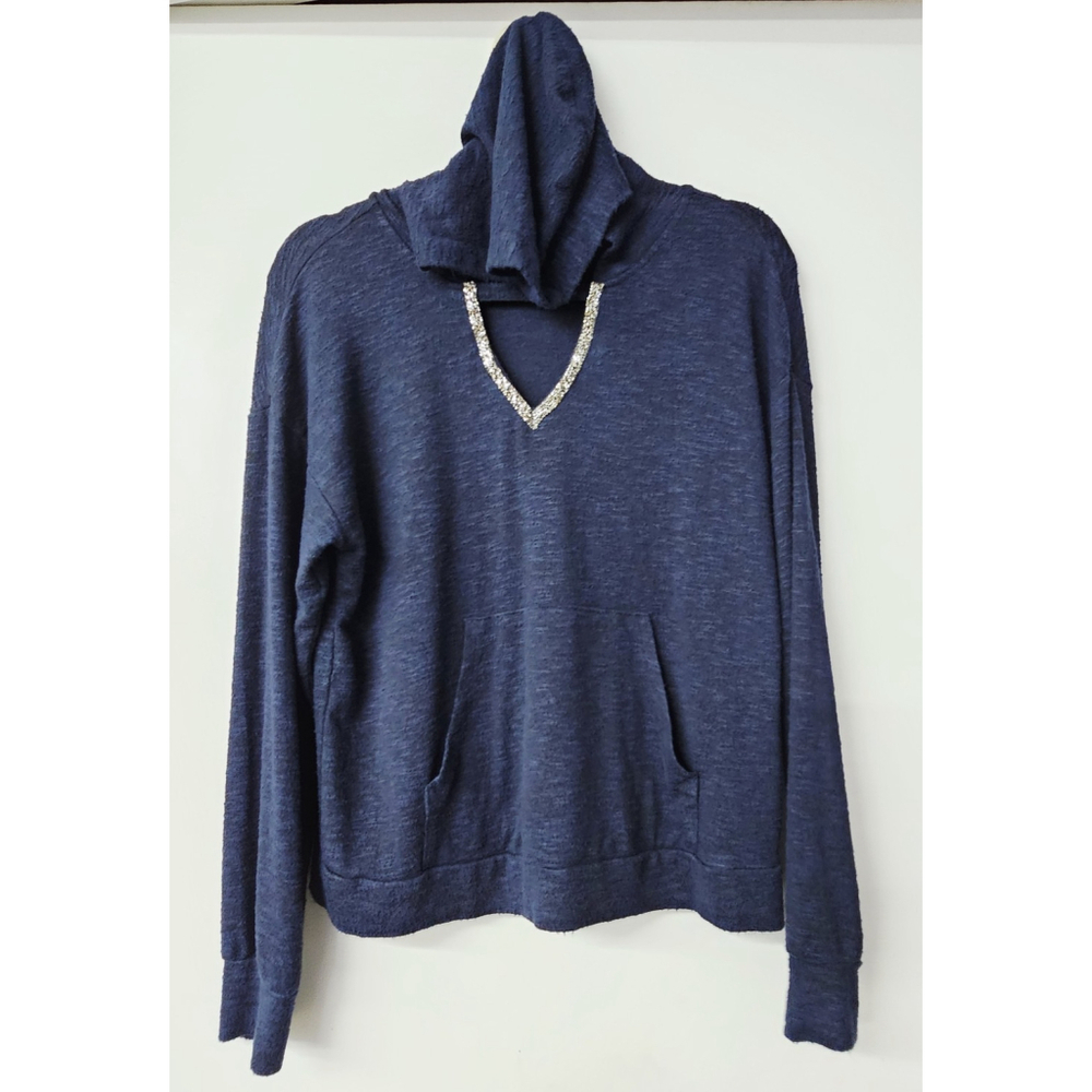 Juicy Couture Sweater Womens XL Navy Y2K Hoodie Rhinestone Kangaroo Pocket